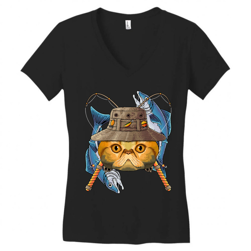 Fishing Exotic Shorthair Outdoor Fisherman Cat Fly Women's V-Neck T-Shirt by spreesgomez | Artistshot