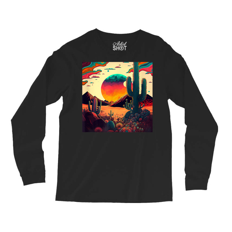 Trippy Desert Landscape Psychedelic Scene Cactus M Long Sleeve Shirts | Artistshot