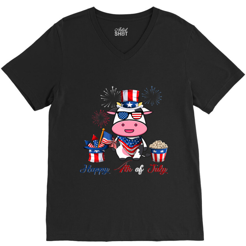 4th Of July Cute American Flag Funny Cow Fireworks V-neck Tee | Artistshot