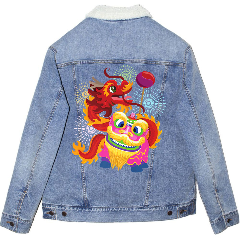 Happy Chinese New Year 2023 Lion Dragon Dance Luna Unisex Sherpa-Lined Denim Jacket by hiett | Artistshot