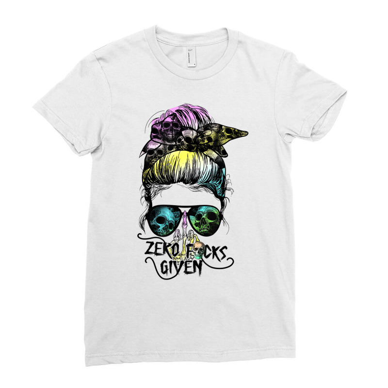 Zero Fucks Given Skull Middle Finger Messy Bun Hal Ladies Fitted T-Shirt by mauthe | Artistshot