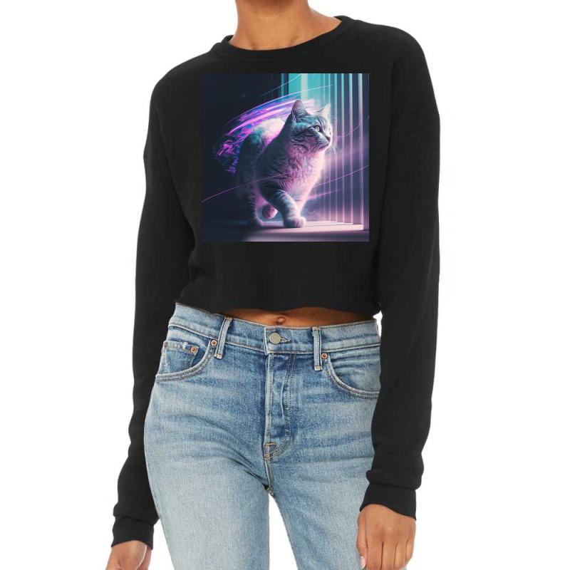 Cat In Window Vaporwave Motion Blur Cropped Sweater by EmporiumofGood | Artistshot