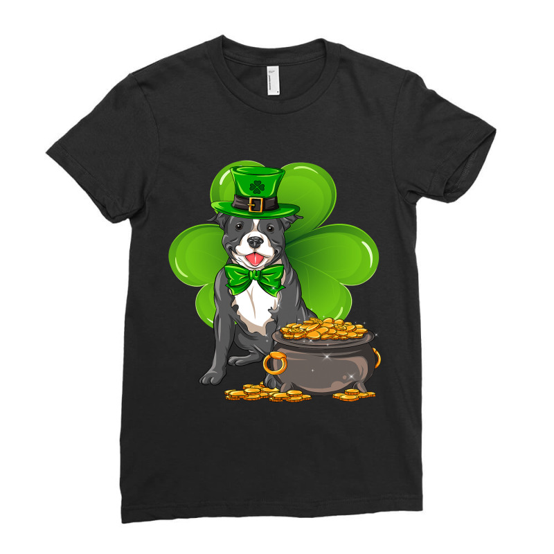 St Patricks Day Staffordshire Bull Terrier Shamroc Ladies Fitted T-Shirt by Upsunshine | Artistshot