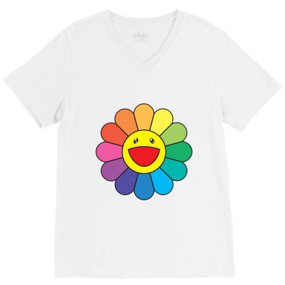 Custom Takashi Murakami Flower Rainbow V-neck Tee By Kakashop