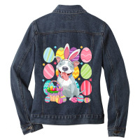 Cute Pitbull Easter Bunny Ear Colorful Easter Egg  Ladies Denim Jacket | Artistshot