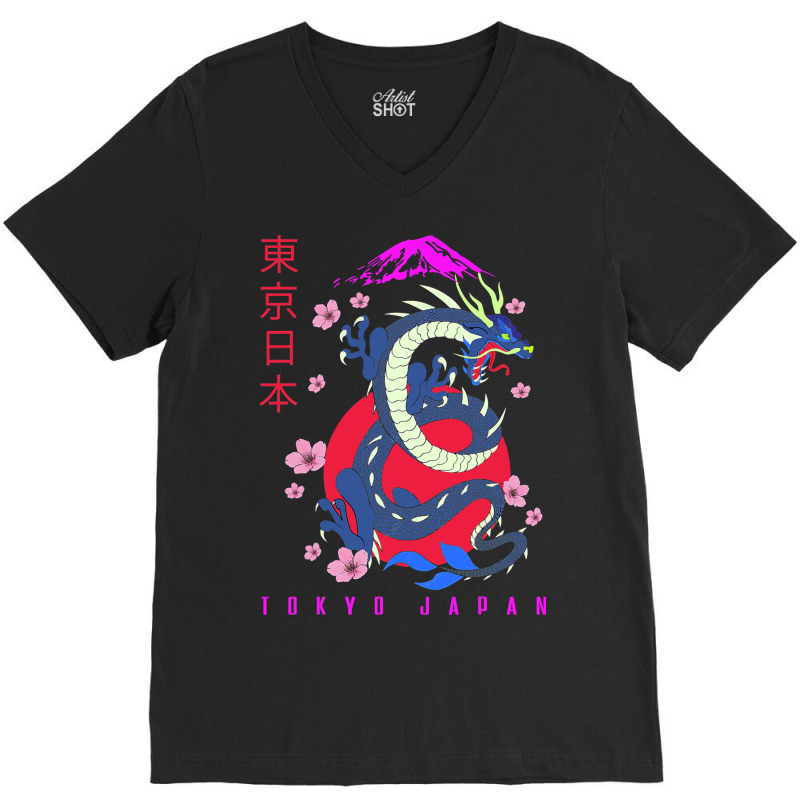 Japanese Tokyo Dragon Asian Retro 80’s Style 1 V-Neck Tee by whoretacarpal | Artistshot