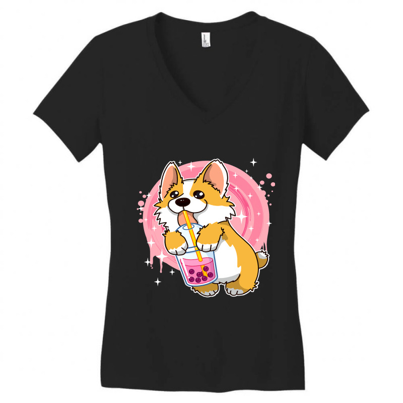 Boba Milk Tea Corgi Dog Puppy Lover Kawaii Japanes Women's V-Neck T-Shirt by DEBORAHBOURSSIQUOT | Artistshot