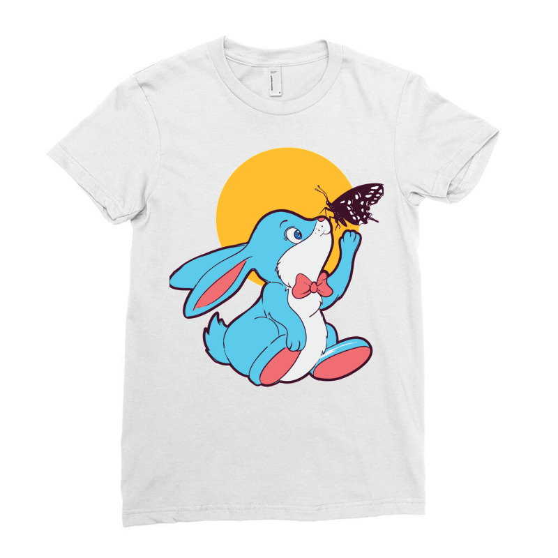 Cute Blue Bunny Playing With A Butterfly Ladies Fitted T-Shirt by formennox | Artistshot