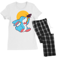 Cute Blue Bunny Playing With A Butterfly Women's Pajamas Set | Artistshot