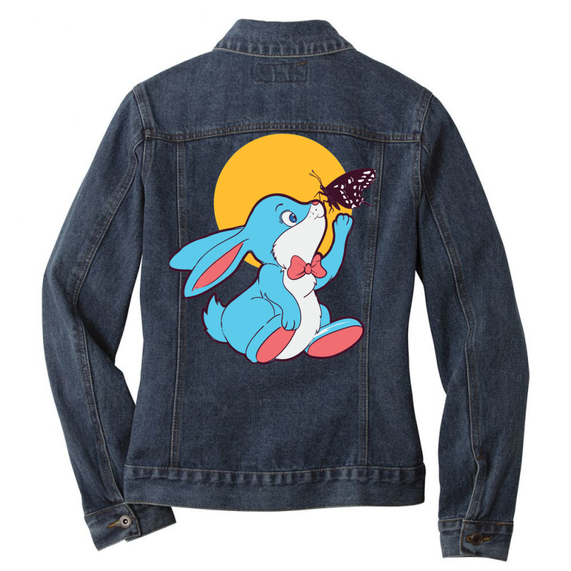 Cute Blue Bunny Playing With A Butterfly Ladies Denim Jacket by formennox | Artistshot