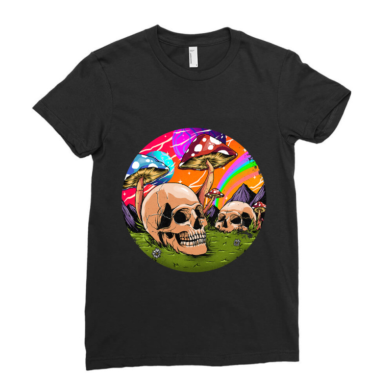 Psychedelic World Hippie Trippy Skull Mushroom Myc Ladies Fitted T-Shirt by spreesgomez | Artistshot