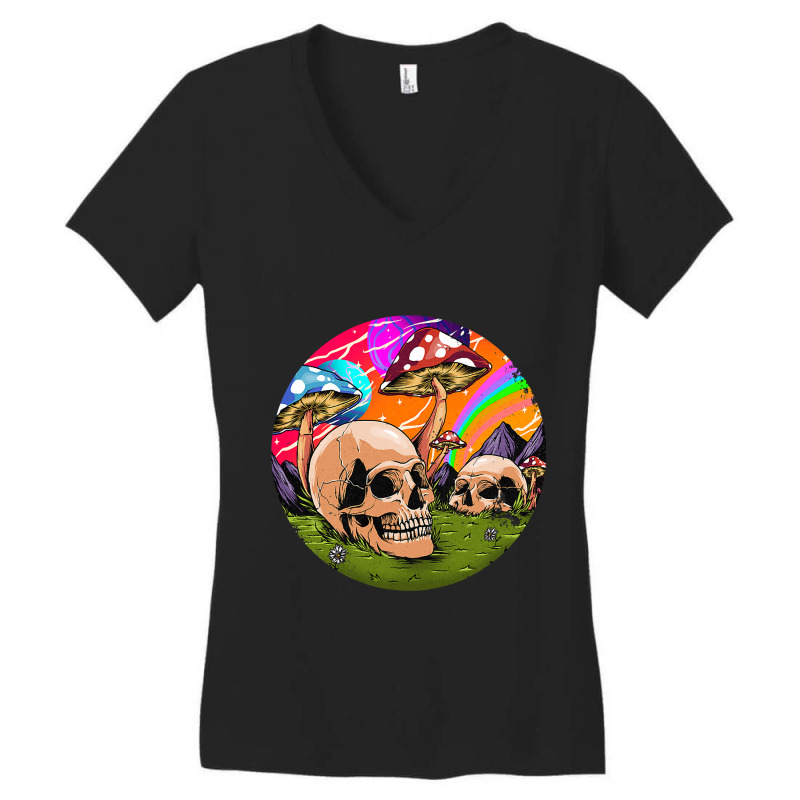 Psychedelic World Hippie Trippy Skull Mushroom Myc Women's V-Neck T-Shirt by spreesgomez | Artistshot