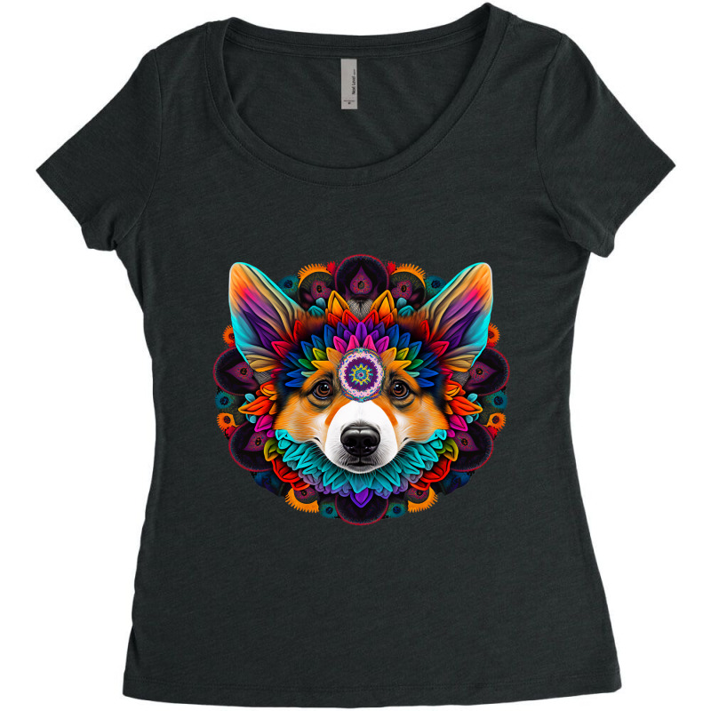 Corgi Dog Face Colorful Mandala Rainbow Yoga Patte Women's Triblend Scoop T-shirt by DEBORAHBOURSSIQUOT | Artistshot