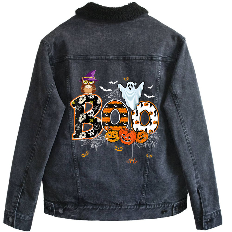 Boo Creepy Owl Pumpkin Ghost Funny Halloween Costu Unisex Sherpa-lined Denim Jacket | Artistshot