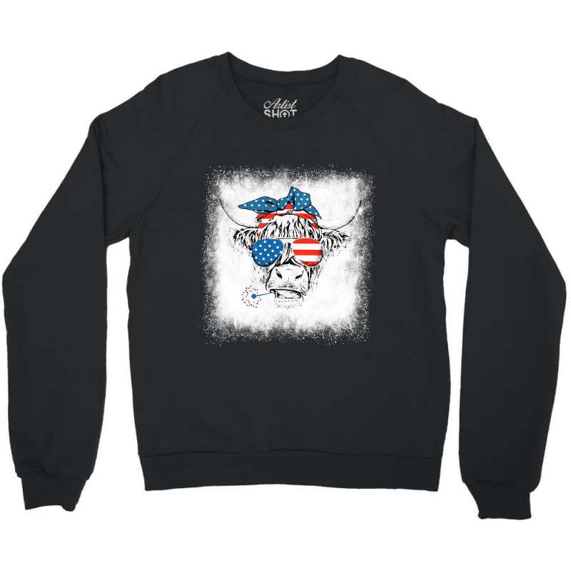 Bleached Highland Cow American Flag Patriotic 4th  Crewneck Sweatshirt | Artistshot