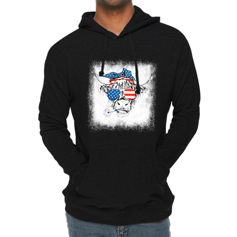 Bleached Highland Cow American Flag Patriotic 4th  Lightweight Hoodie | Artistshot