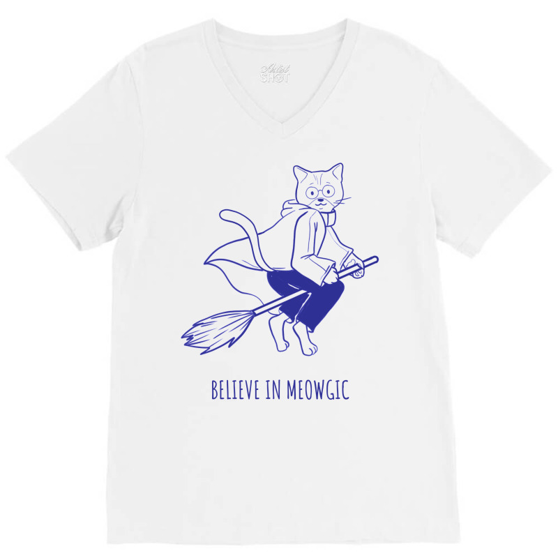 Believe In Magic Pun With Flying Witch Cat V-Neck Tee by alfanomearsb | Artistshot