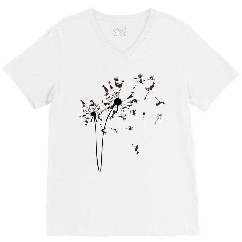 Dog Flower Fly Dandelion Boston Terrier Gifts Dog V-Neck Tee by coyagota | Artistshot