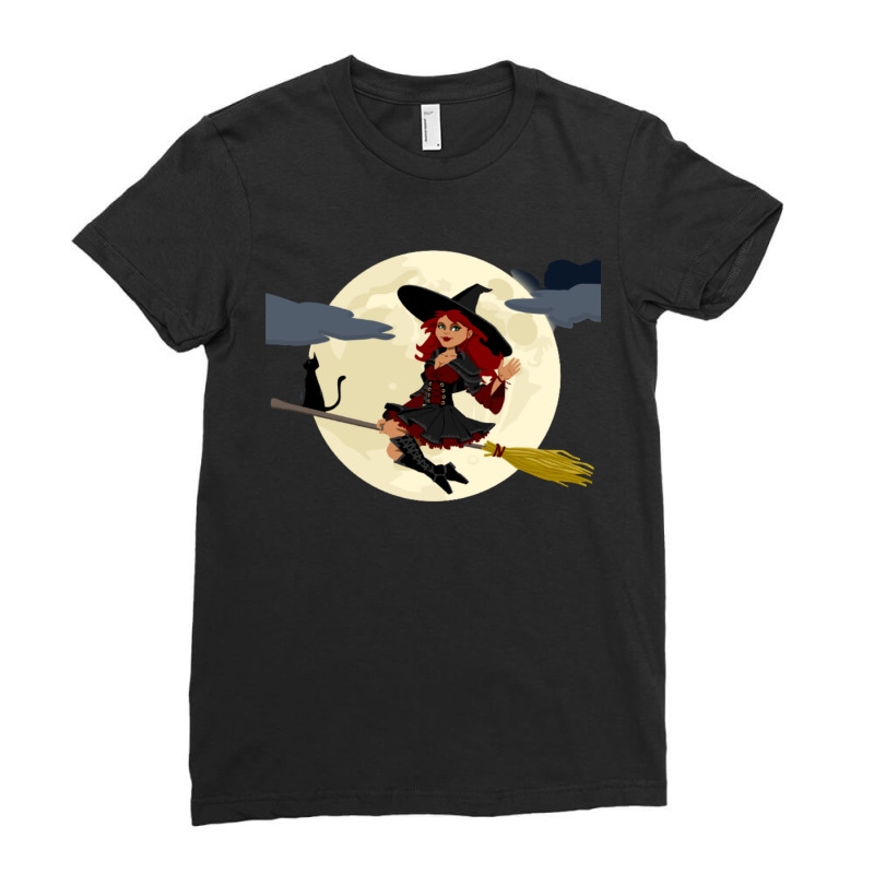 Broom Flying In Full Moon Ladies Fitted T-Shirt by alfanomearsb | Artistshot