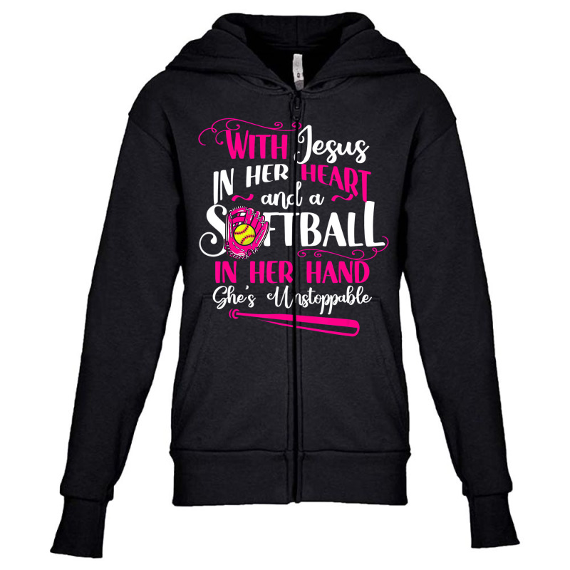 Jesus In Her Heart Softball Hand Funny Pitcher For Youth Zipper Hoodie by krumsiek | Artistshot