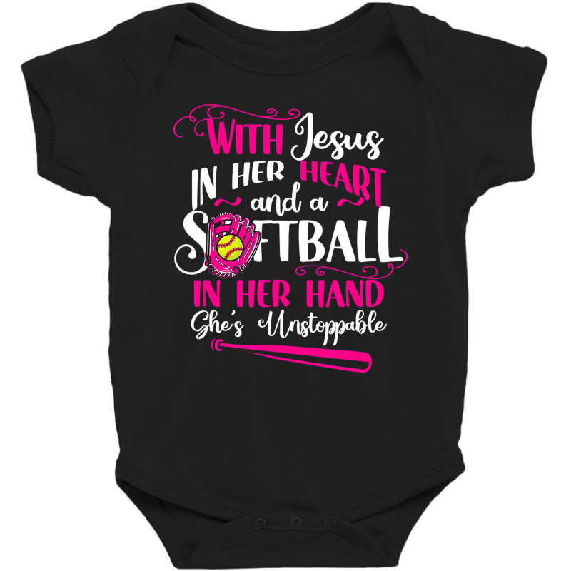 Jesus In Her Heart Softball Hand Funny Pitcher For Baby Bodysuit by krumsiek | Artistshot