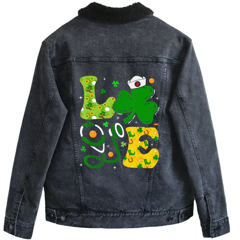 Funny Irish Nurse St Patrick's Day Shamrock Love Unisex Sherpa-lined Denim Jacket | Artistshot