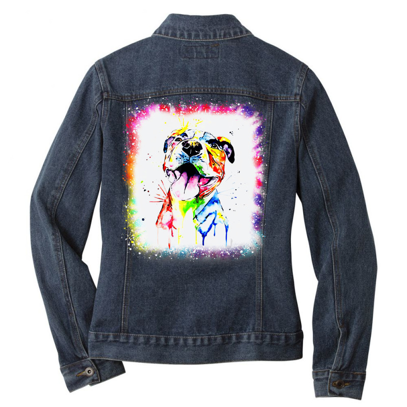 Pit Bull Terrier Dog, Dad Mom Boy Girl Tie Dye Ble Ladies Denim Jacket by africaka | Artistshot