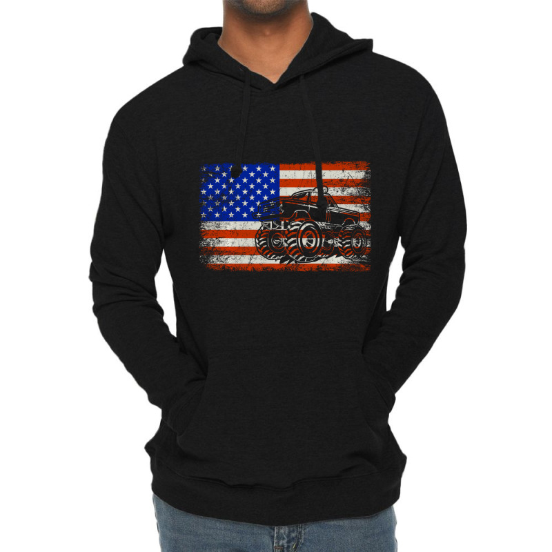 Vintage Monster Truck Lovers American Flag Funny K Lightweight Hoodie | Artistshot