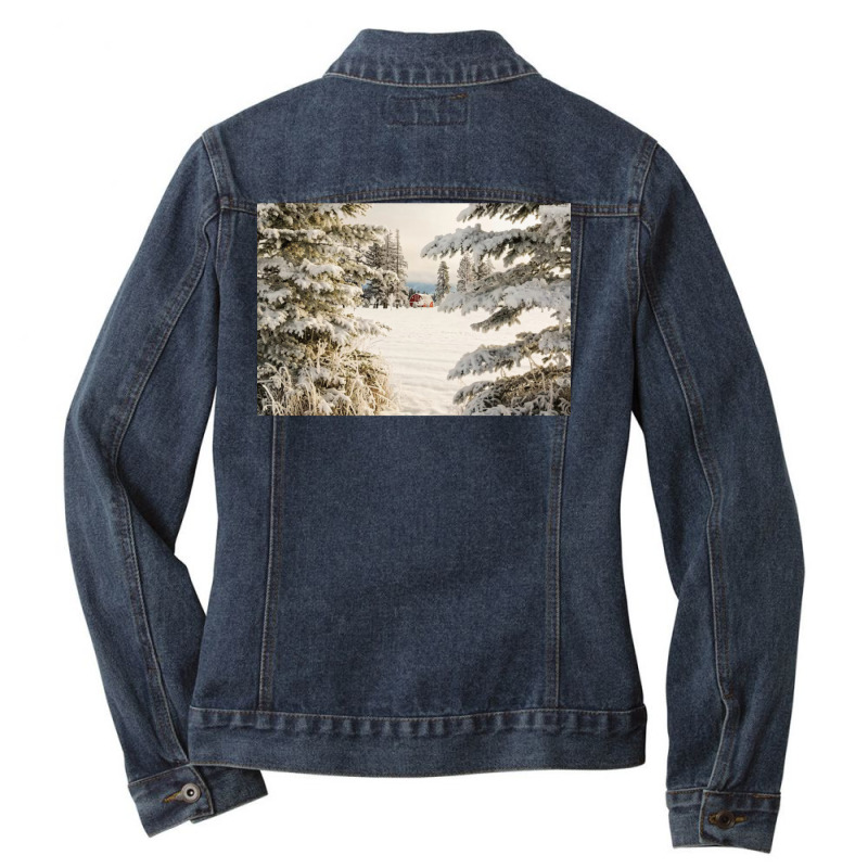 Classic Red Barn And Snow Scene Ladies Denim Jacket by sekelneald | Artistshot