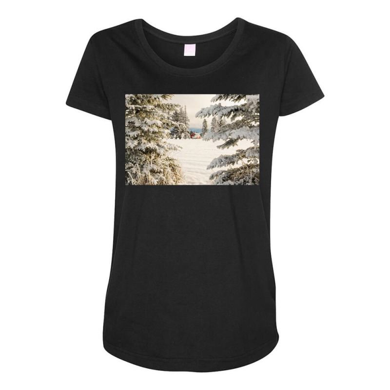 Classic Red Barn And Snow Scene Maternity Scoop Neck T-shirt by sekelneald | Artistshot