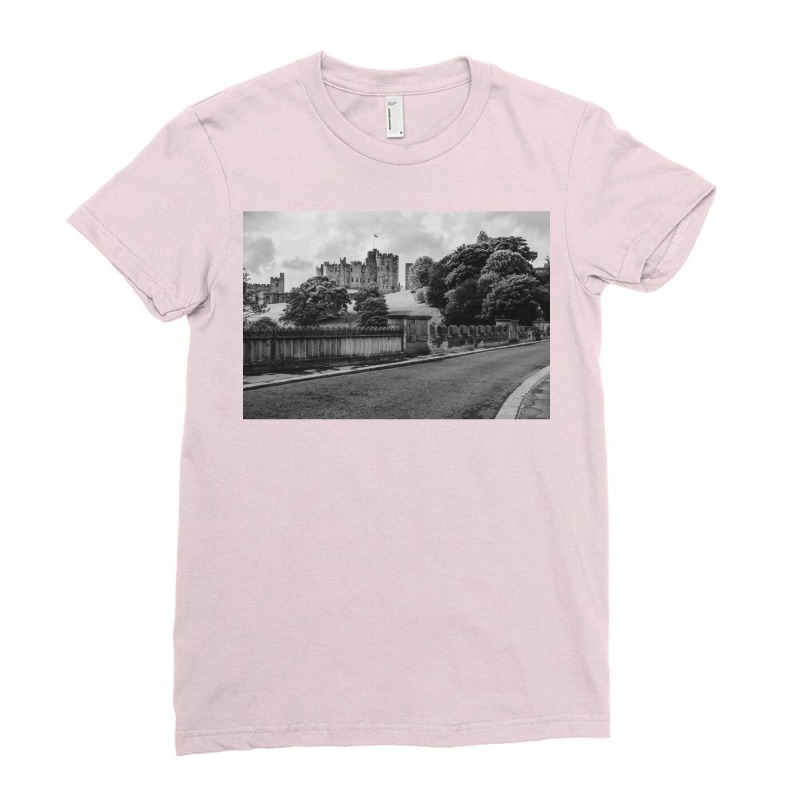 Alnwick Castle In Black And White Ladies Fitted T-Shirt by bowsernevala4 | Artistshot