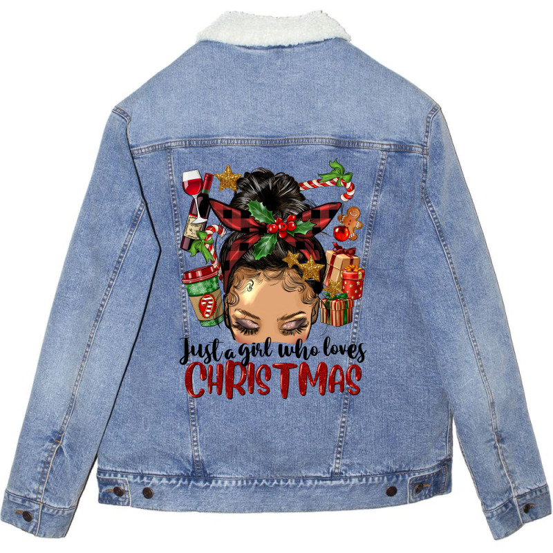 Just A Girl Who Loves Christmas Afro Messy Bun Lig Unisex Sherpa-lined Denim Jacket | Artistshot