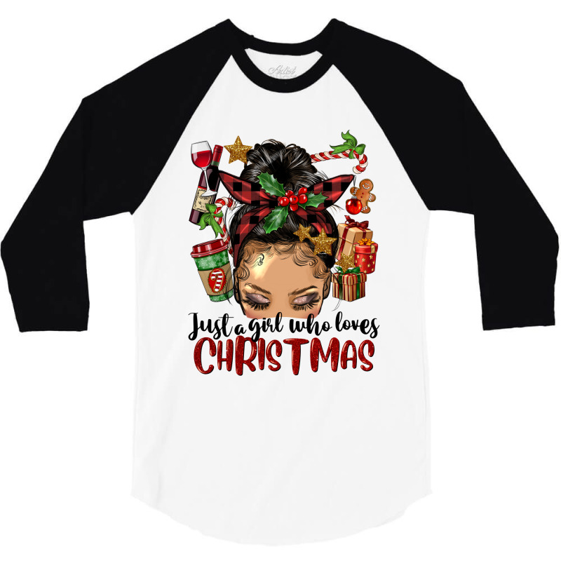 Just A Girl Who Loves Christmas Afro Messy Bun Lig 3/4 Sleeve Shirt | Artistshot