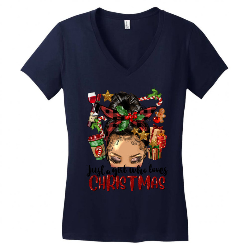 Just A Girl Who Loves Christmas Afro Messy Bun Lig Women's V-neck T-shirt | Artistshot