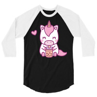 Cute Little Unicorn Loves Drinking Boba Tea Music 3/4 Sleeve Shirt | Artistshot