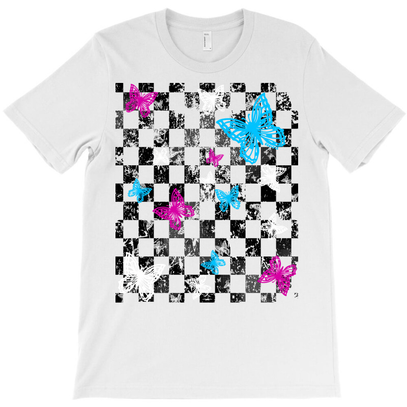 Butterfly Checkerboard Dark Version Blue T-shirt | Artistshot