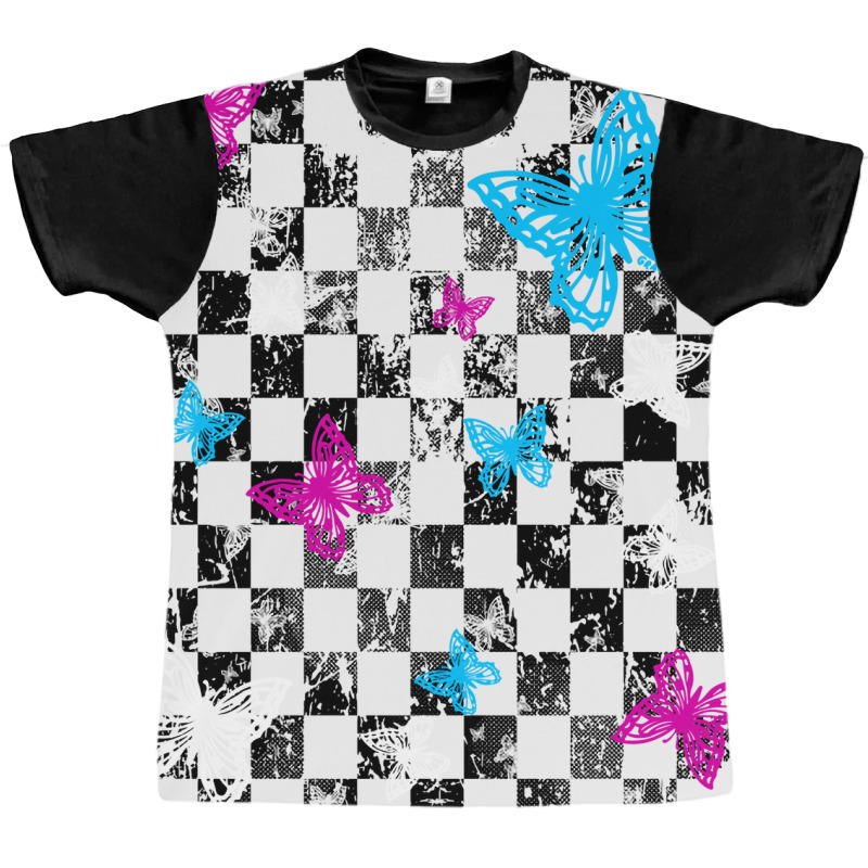 Butterfly Checkerboard Dark Version Blue Graphic T-shirt | Artistshot