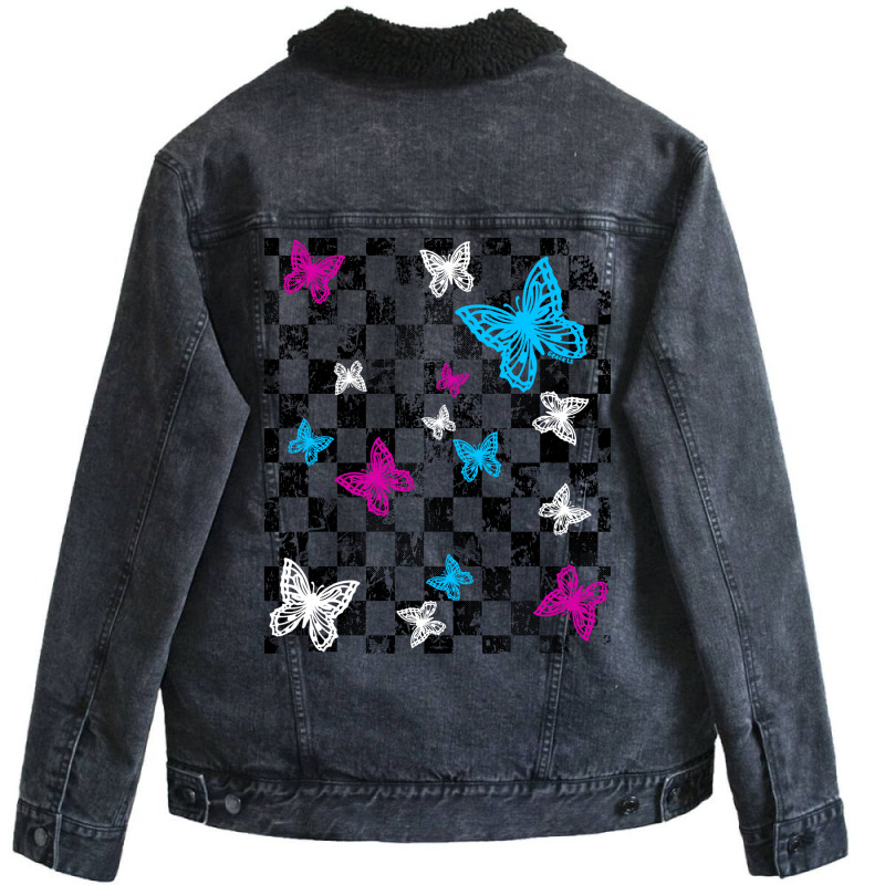 Butterfly Checkerboard Dark Version Blue Unisex Sherpa-lined Denim Jacket | Artistshot