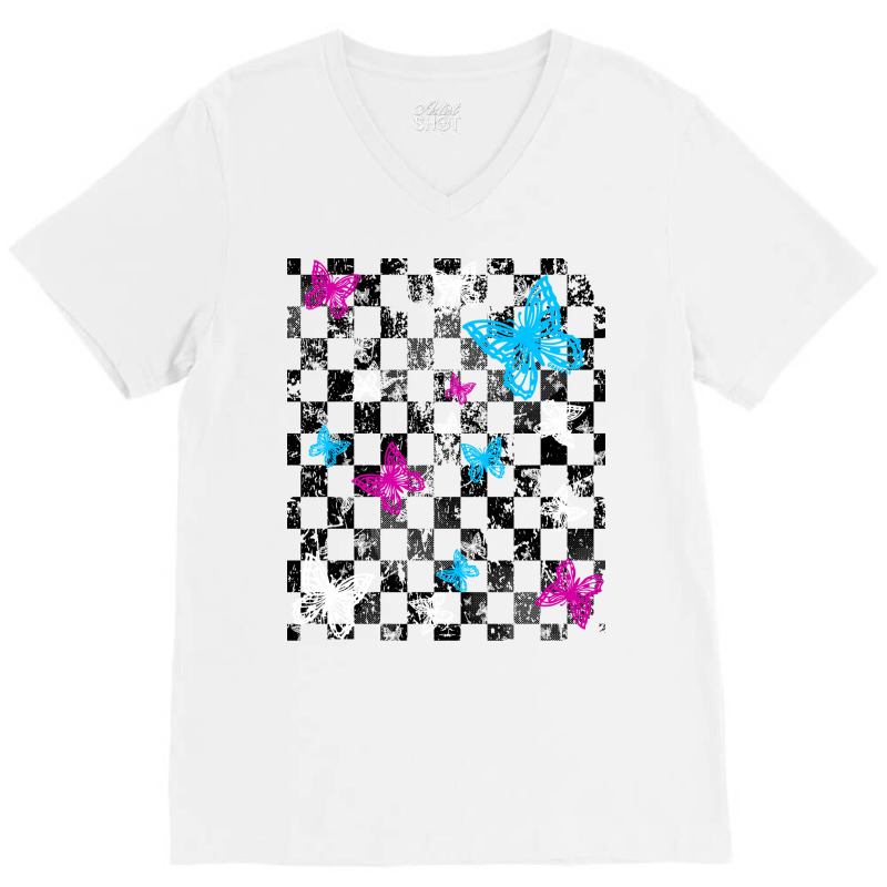 Butterfly Checkerboard Dark Version Blue V-neck Tee | Artistshot