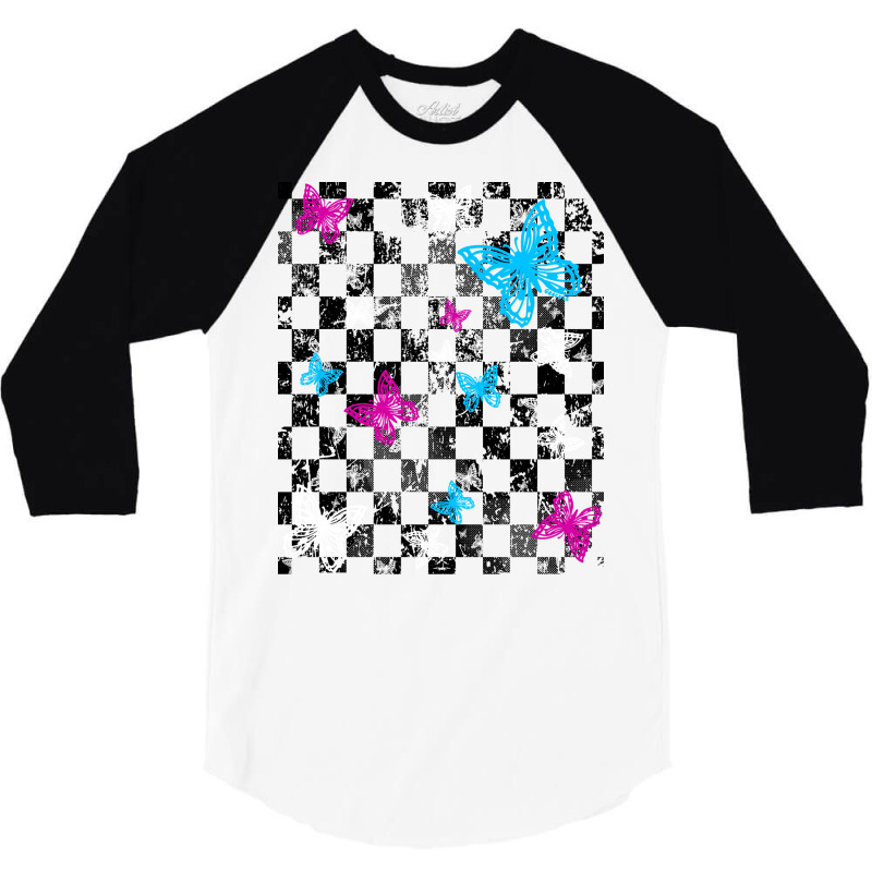 Butterfly Checkerboard Dark Version Blue 3/4 Sleeve Shirt | Artistshot