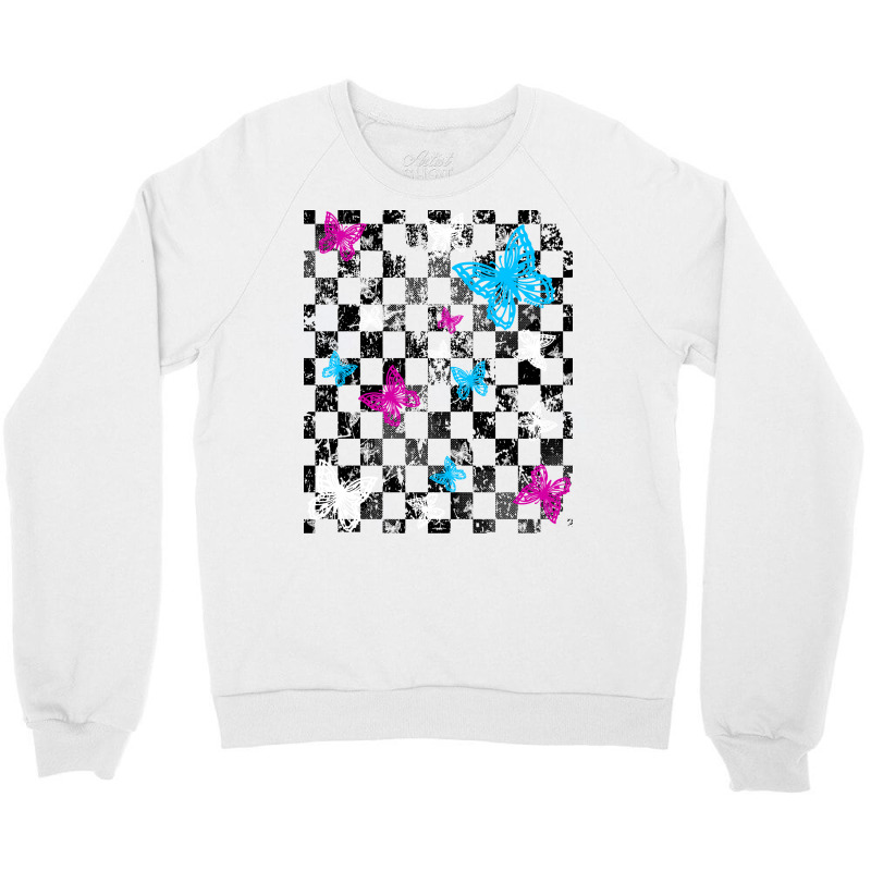 Butterfly Checkerboard Dark Version Blue Crewneck Sweatshirt | Artistshot