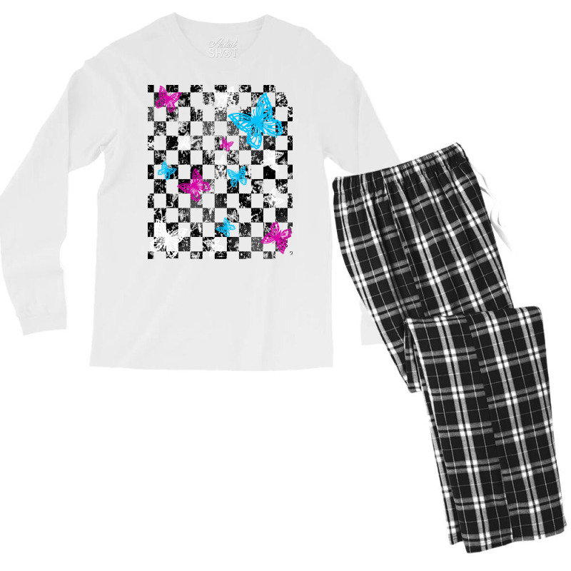 Butterfly Checkerboard Dark Version Blue Men's Long Sleeve Pajama Set | Artistshot