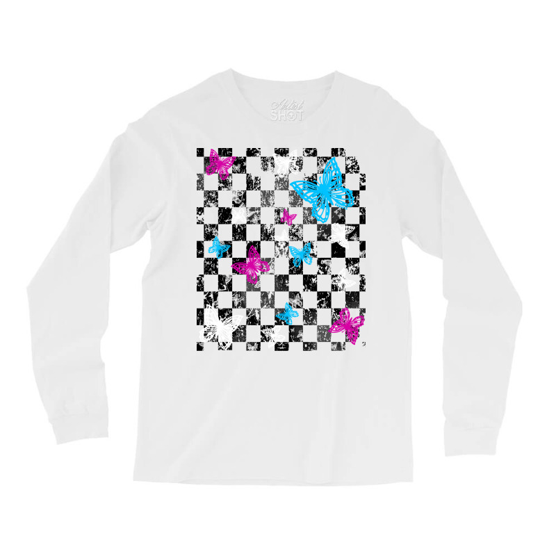 Butterfly Checkerboard Dark Version Blue Long Sleeve Shirts | Artistshot