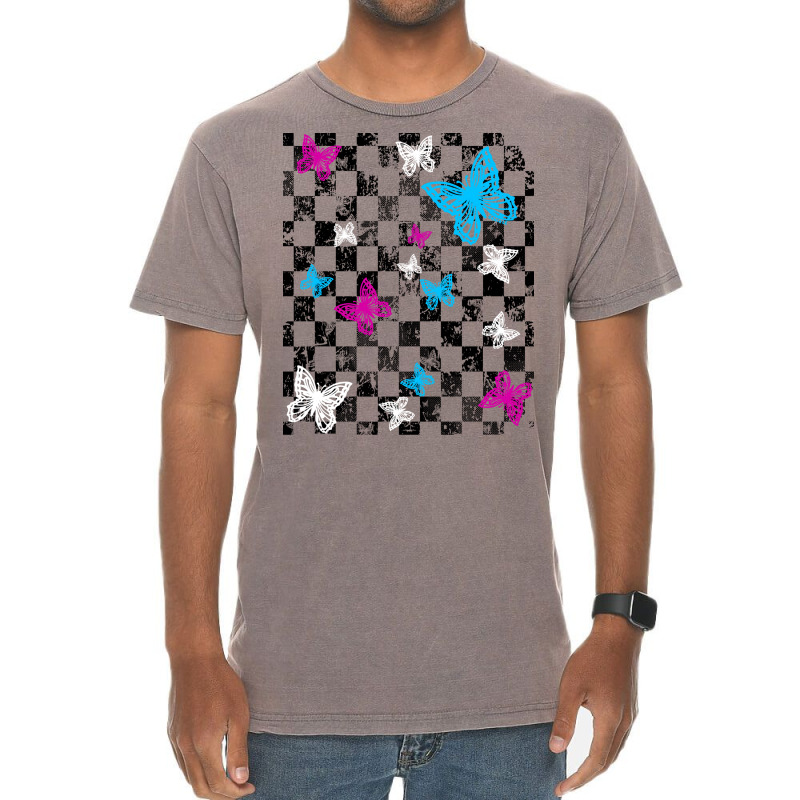 Butterfly Checkerboard Dark Version Blue Vintage T-shirt | Artistshot