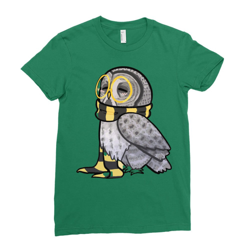 An Owl In A Black And Yellow Stripey Scarf Ladies Fitted T-Shirt by incilafirgaz | Artistshot