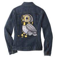 An Owl In A Black And Yellow Stripey Scarf Ladies Denim Jacket | Artistshot