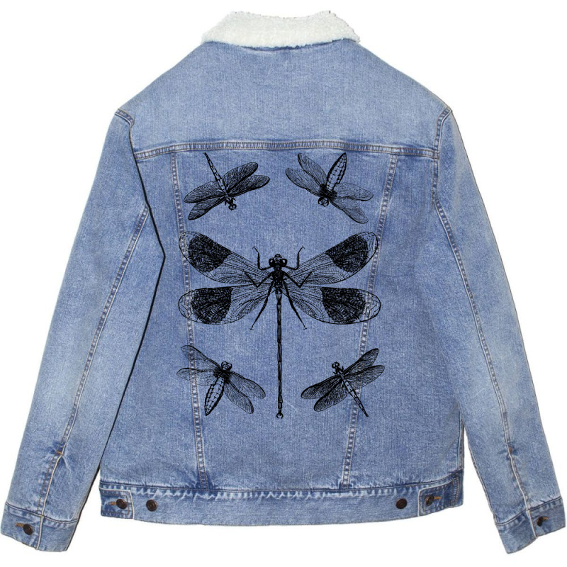 Vintage Dragonflies Entomology Red Unisex Sherpa-lined Denim Jacket | Artistshot