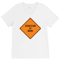 Sebastian At Work Funny Warning Sign Green V-neck Tee | Artistshot