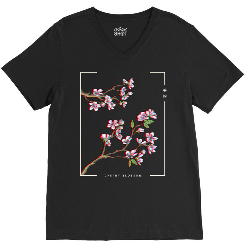 Japanese Aesthetic Vaporwave Cherry Blossom Glitch V-neck Tee | Artistshot