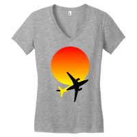 Minimalist Airplane And Sunset Silhouette Hipster Women's V-neck T-shirt | Artistshot